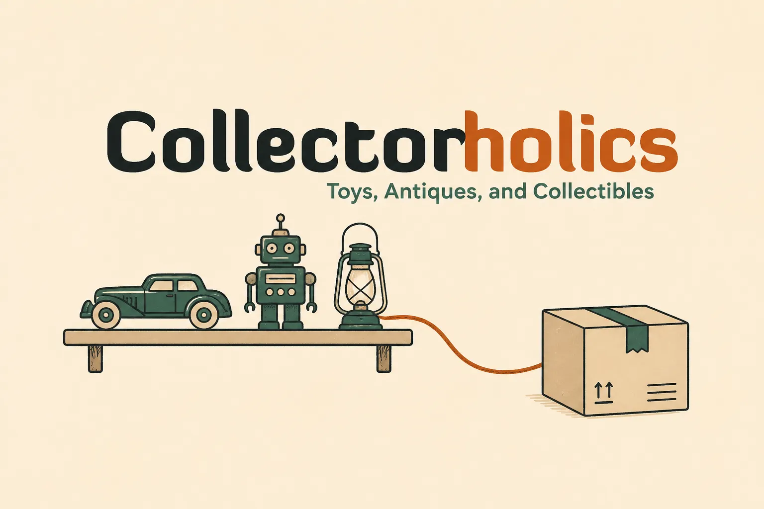 The Collectorholics wordmark sits above a small collectibles shelf connected to a shipping parcel by an orange thread.