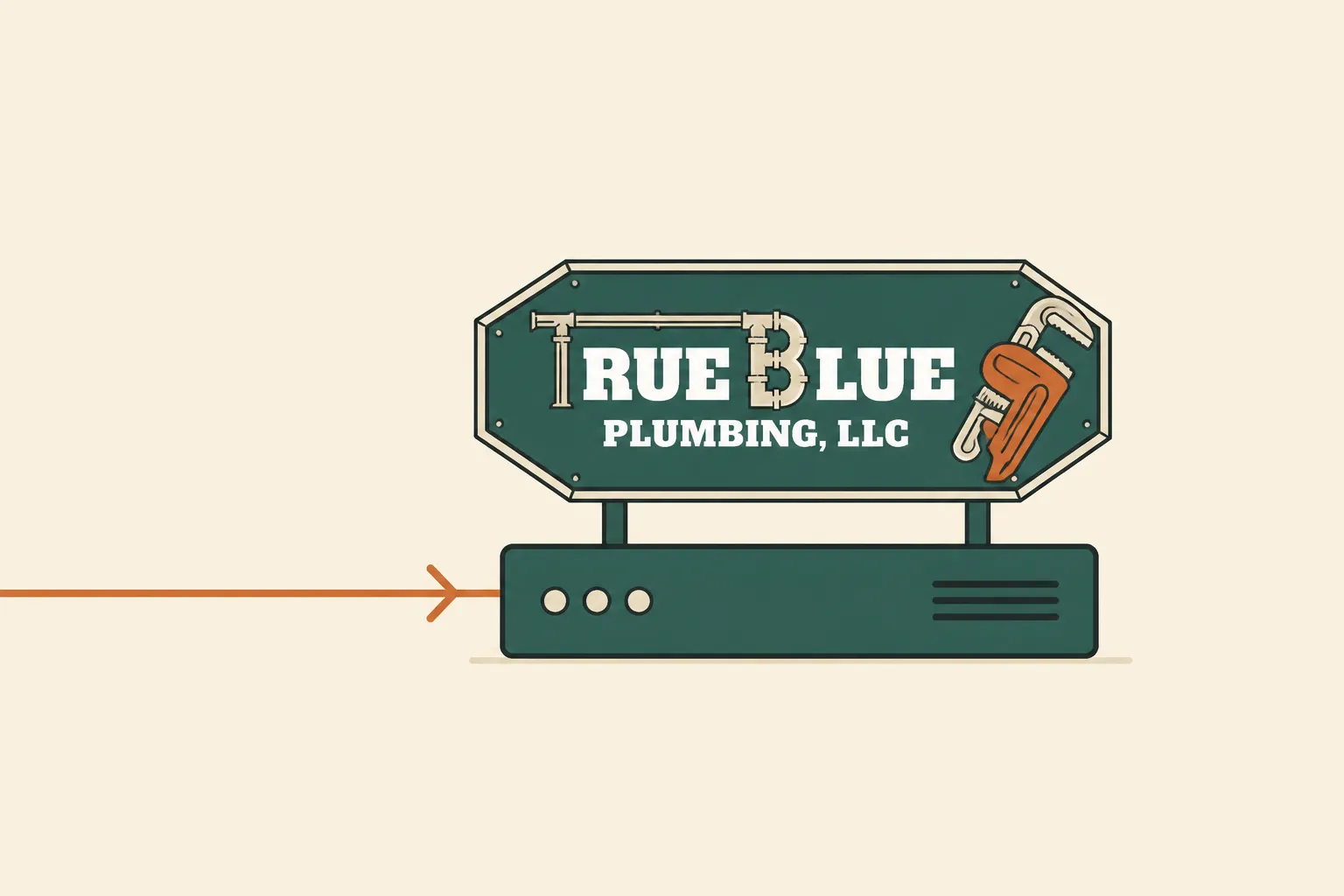 The True Blue Plumbing identity rests above one stable hosting system as a split orange thread resolves into a single path.