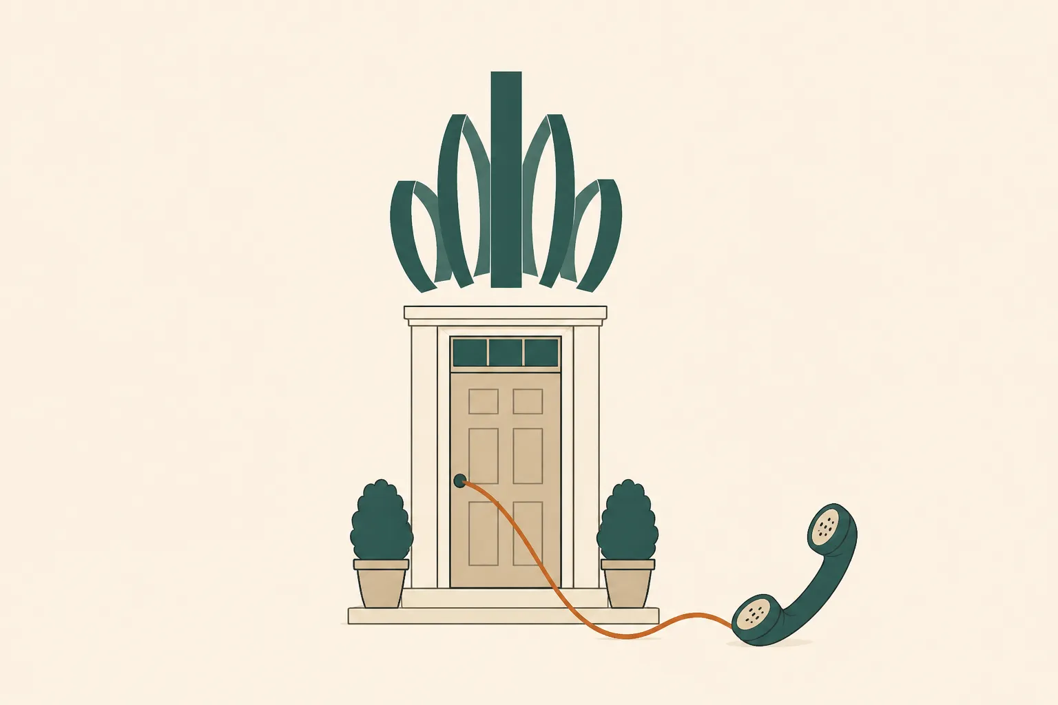 A Crown Home Care ribbon mark sits above a front door connected to a telephone by one orange thread.