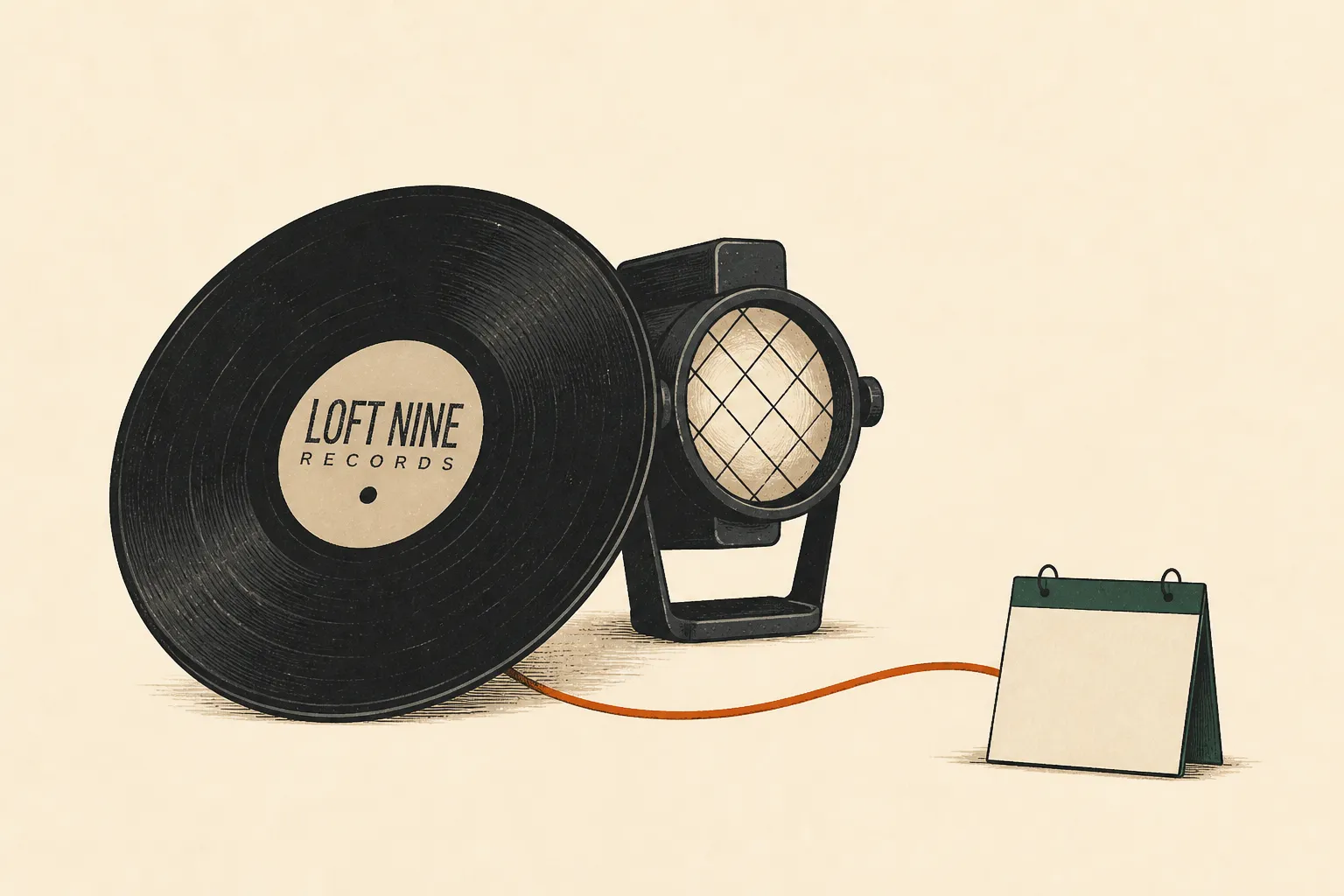 A vinyl record and stage light connect to a small tour calendar through one orange thread.