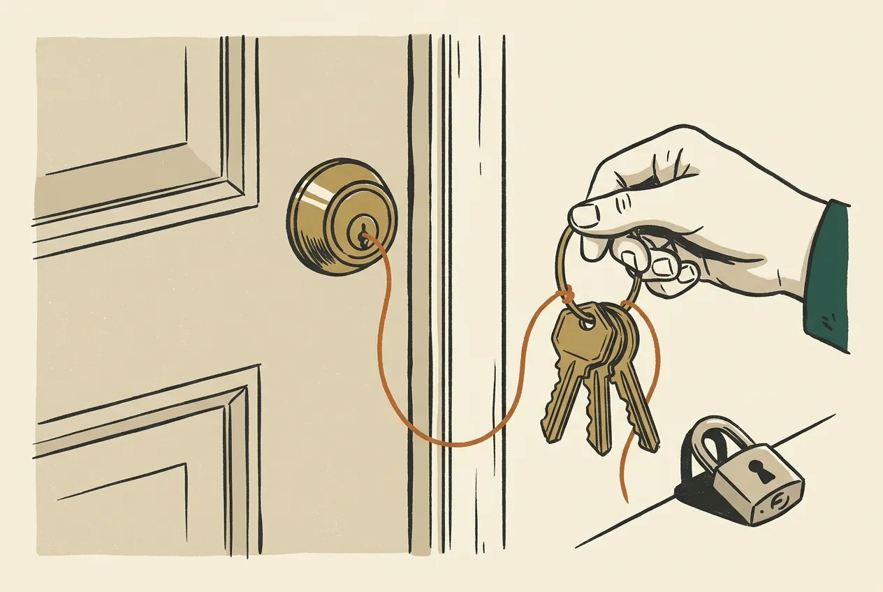 A hand holds a ring of three brass keys tied with an orange thread leading directly into a front door lock.